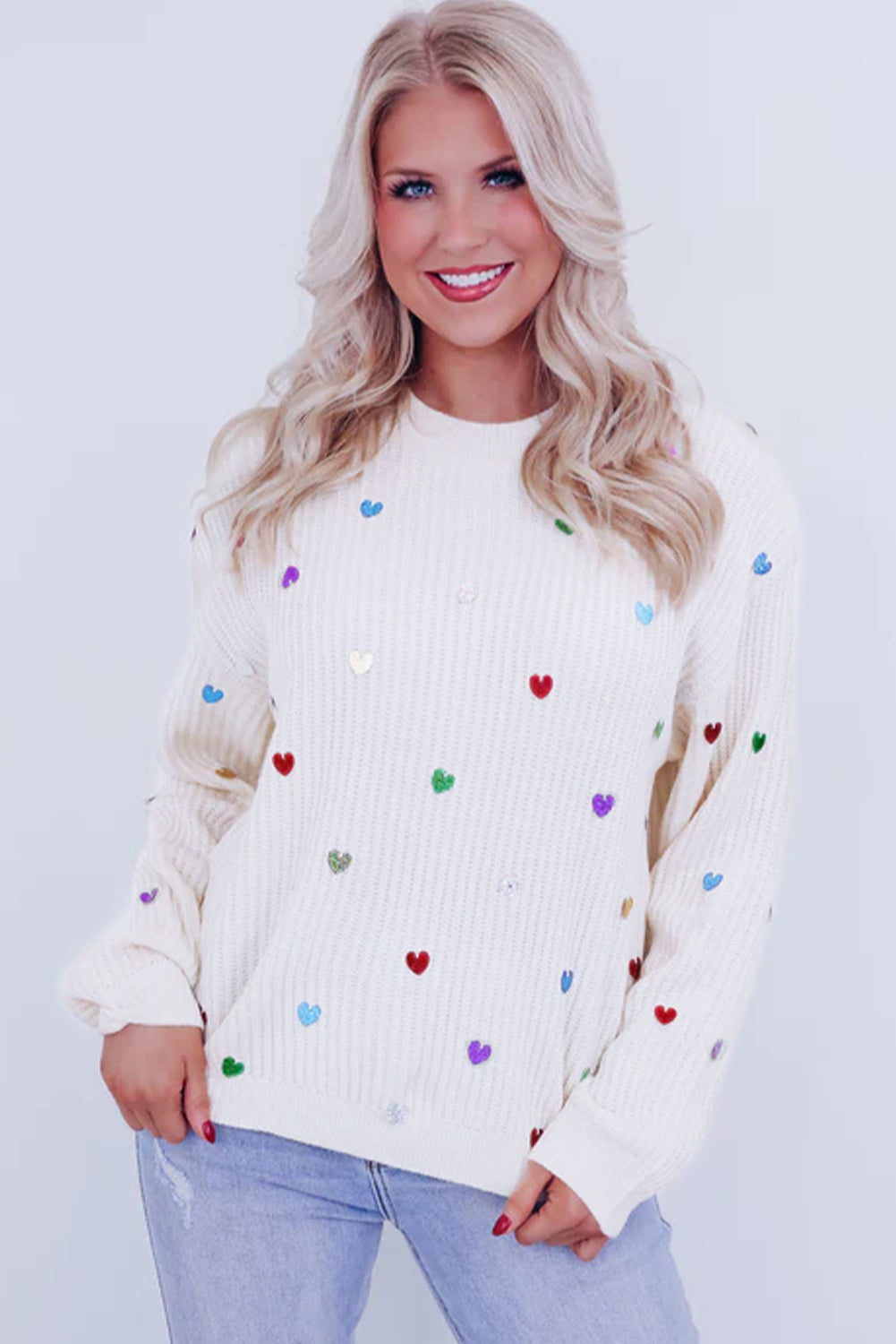 Beige Sequin Heart Waffle Knit Crew Neck Sweater