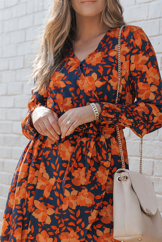 Orange floral print wrap dress with belt