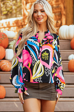 Black blouse with abstract print and ruffle sleeves buttoned in V -neck