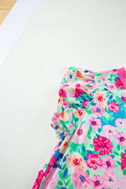 Multicolored floral print ruffled mini dress with flutter sleeves