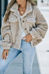 Veste boutonnée en polaire pelucheuse de couleur unie kaki
