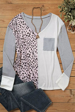 Leopard Patchwork Ribbed V-Neck Top