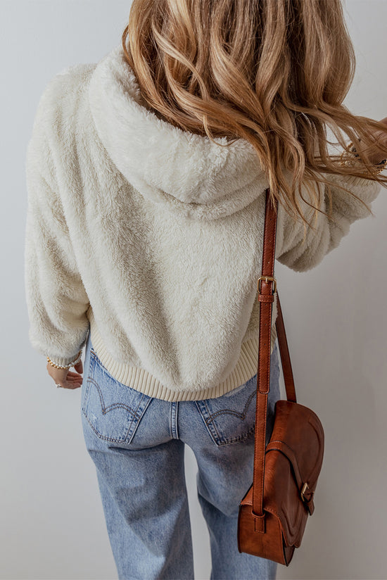 White teddy hoodie with contrasting ribbed edges