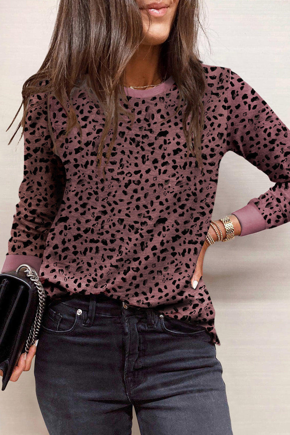 Animal print polka dot long sleeve crew neck top