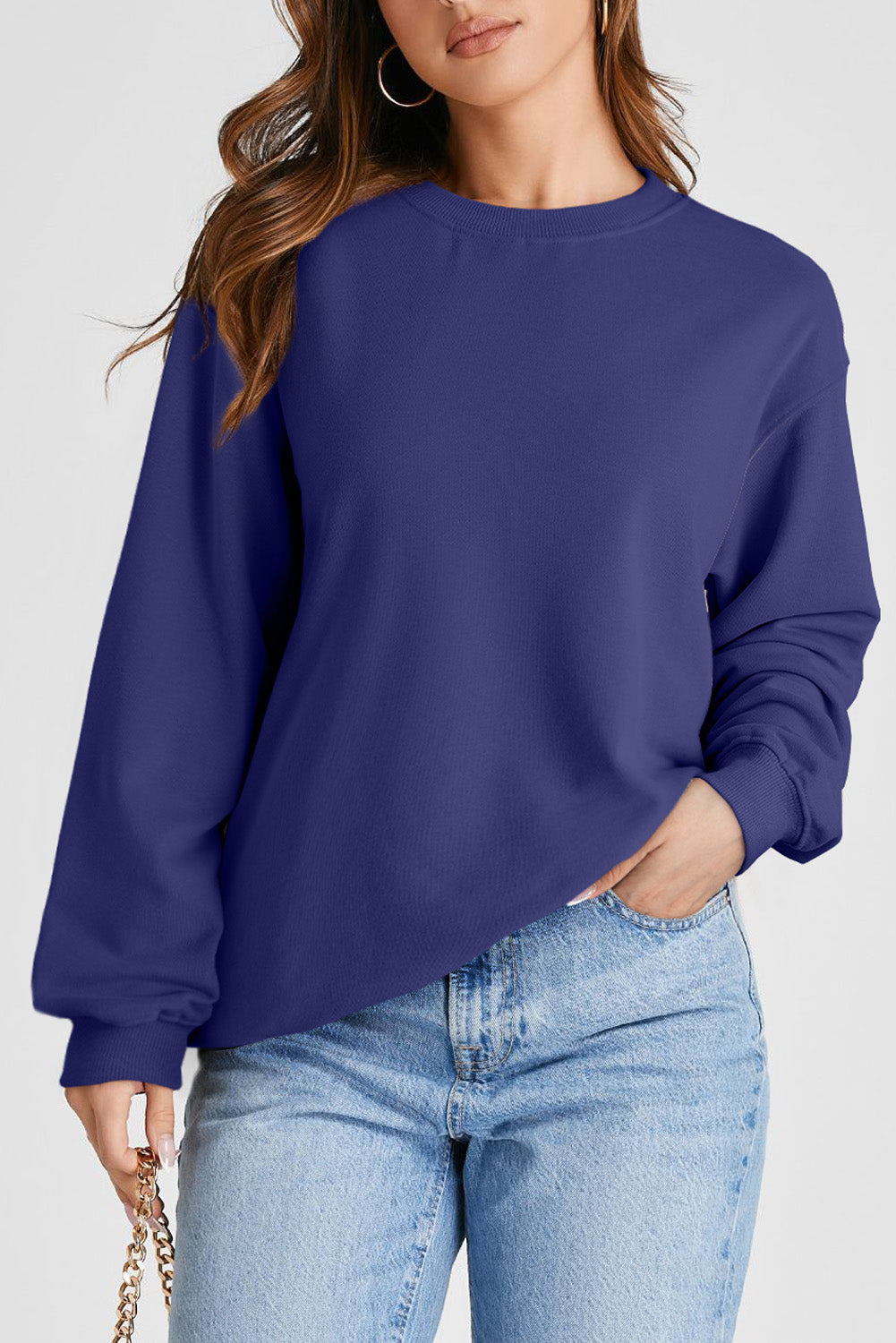 Navy Blue Plain Crew Neck Sweatshirt with Dropped Shoulders