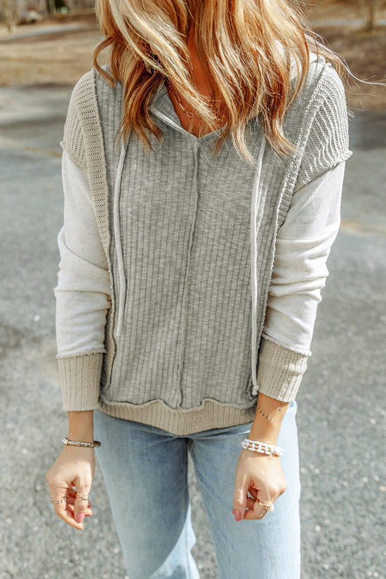 Gray hoodie patchwork in textured knitting with long sleeves