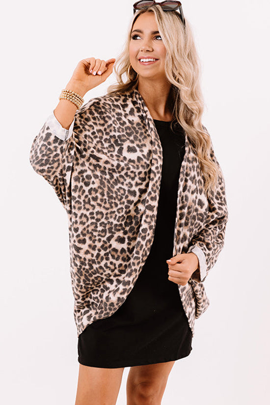 Cárdigan Ample Túnica con manijas de murciélagos y estampado de leopardo de color caqui