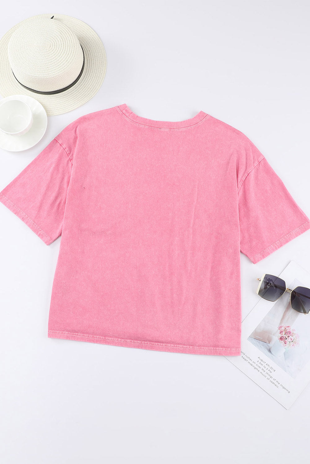 T-shirt de poche de lavage à acide rose