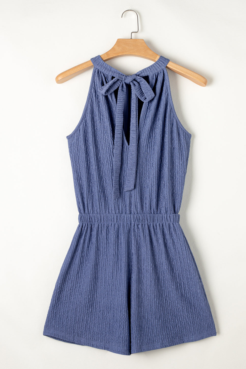 Bluing Knot Back High Neck Crinkle Textured Romper