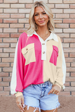 Oversized Ribbed Collar Sweatshirt in Red Pink Color Block