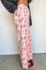 Pantalon droit en denim rose à imprimé floral vintage