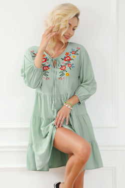 Green tiered floral embroidered ruffle dress