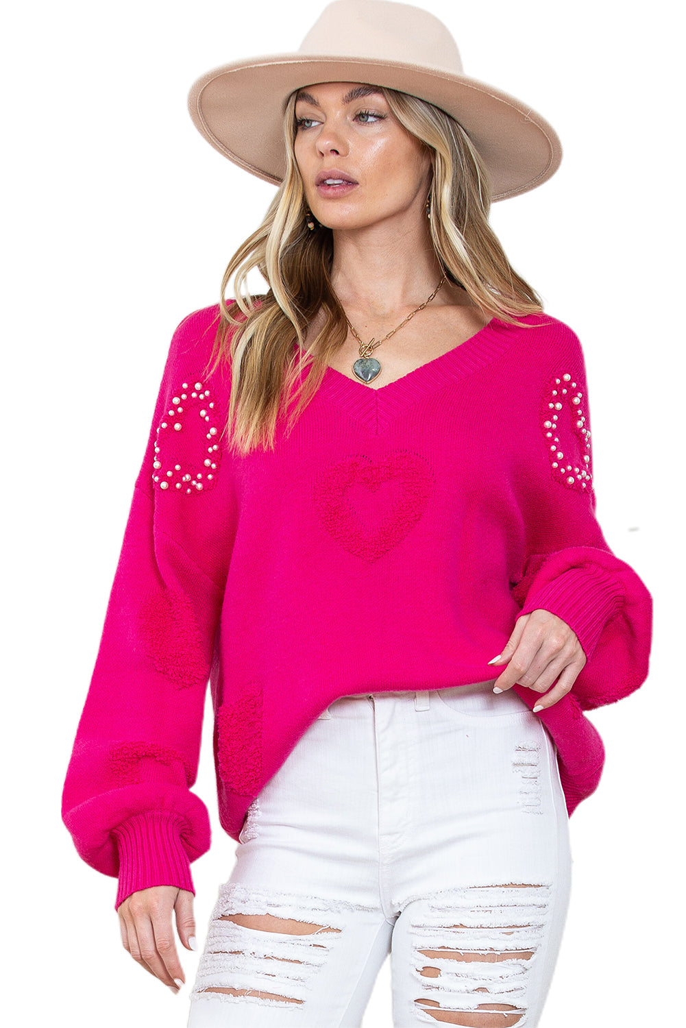 Rose Red Pearl abbellito Fuzzy Hearts v Neck Miciter