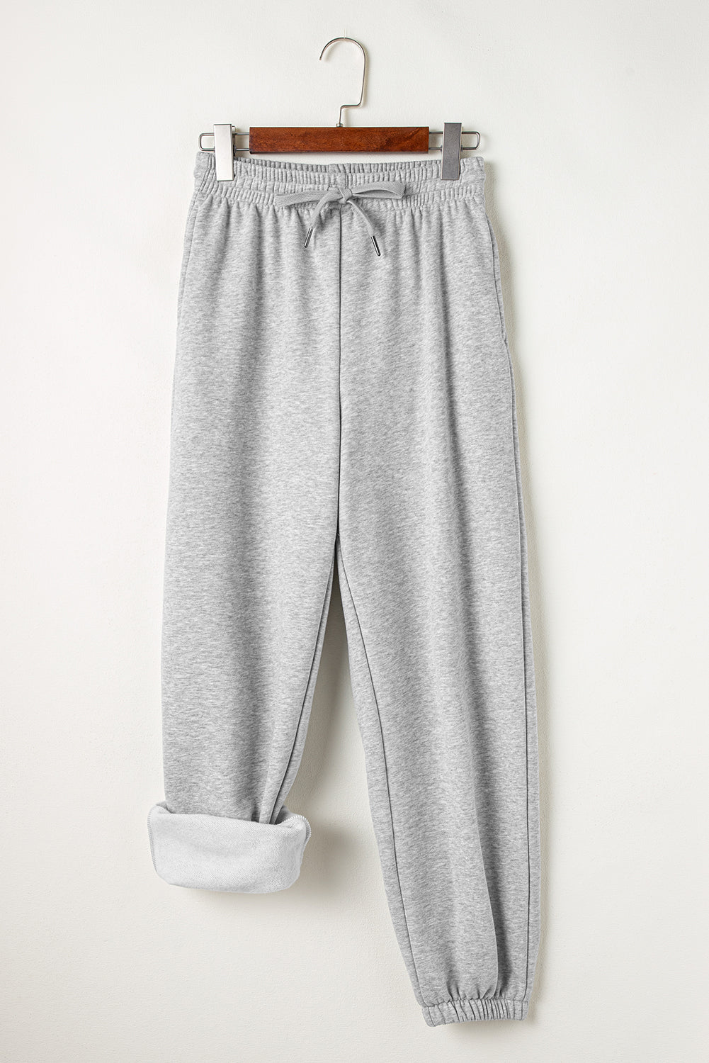 Light Grey Solid Color Fleece Lined Drawstring Waist Joggers