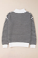 Black striped sweater, zipped collar, drooping shoulders