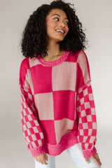 Pull ample à motif à carreaux mélangés Rose rouge, épaules tombantes