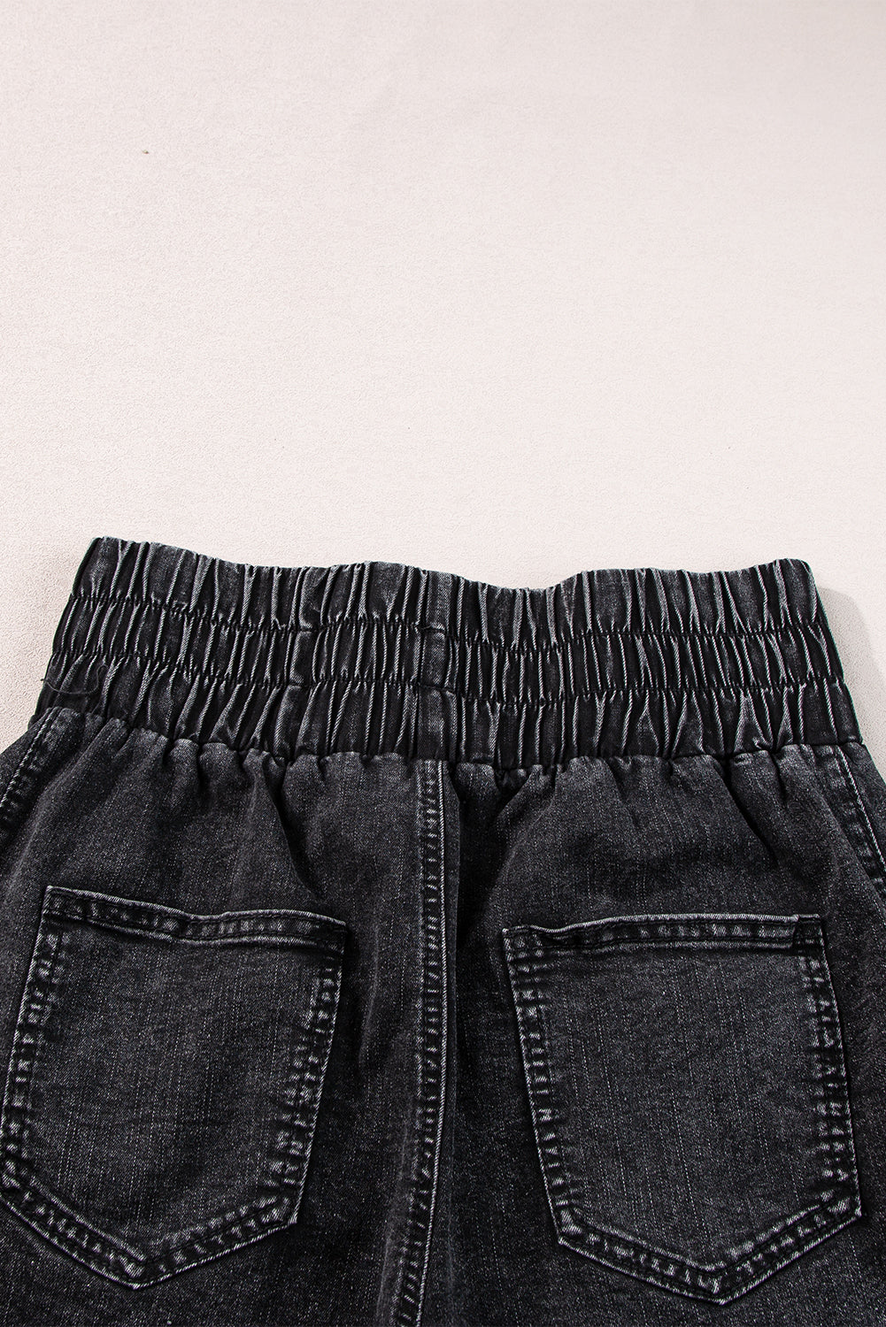 Black Smocked High Waisted Denim Shorts Mineral Wash