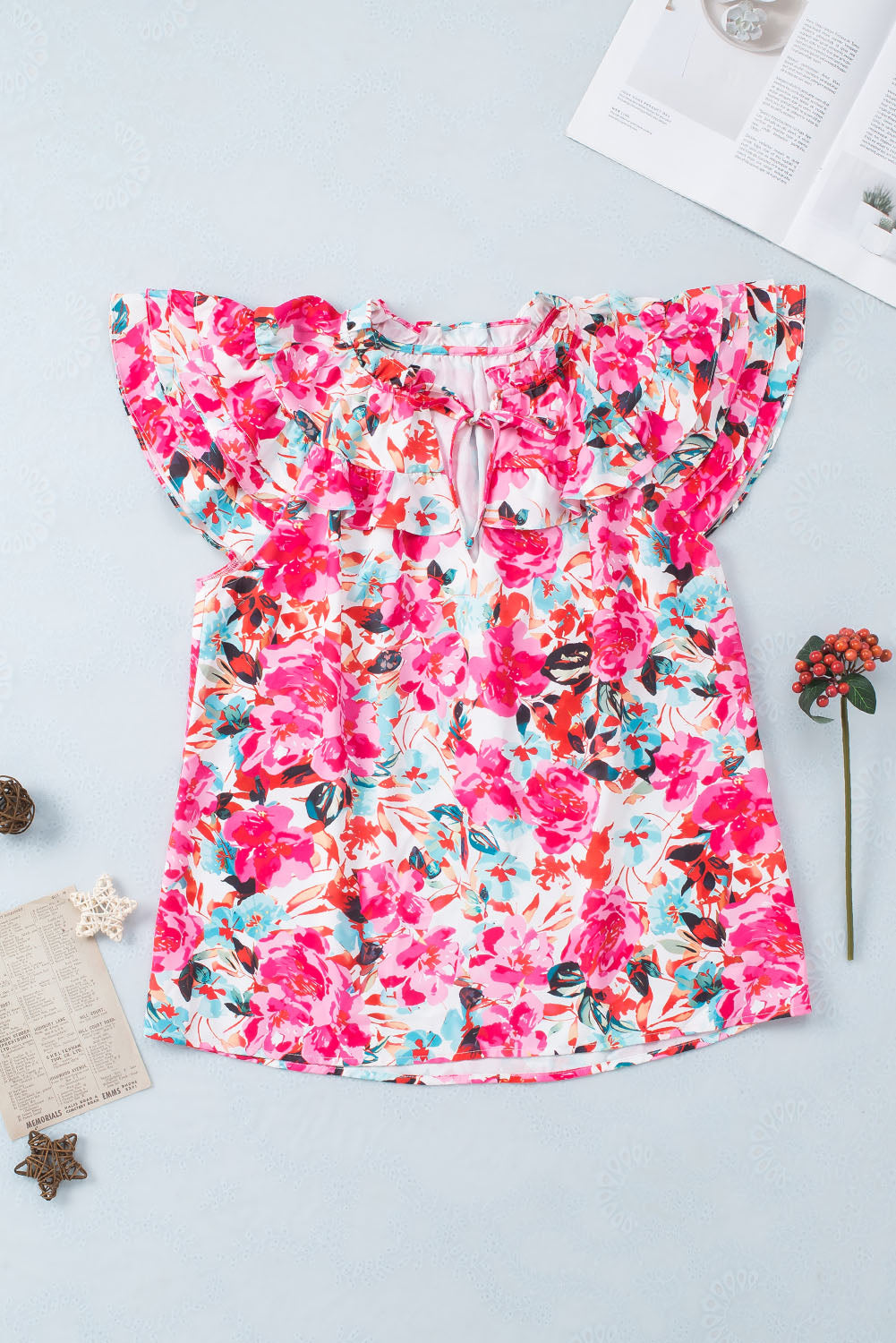 Rose Ruffle Flutter Sleve Floral Print Print