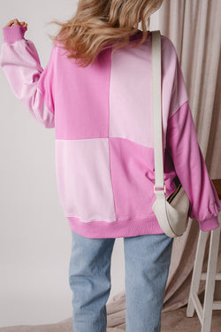 Henley High Low Pink Color Block Oversized Sweatshirt