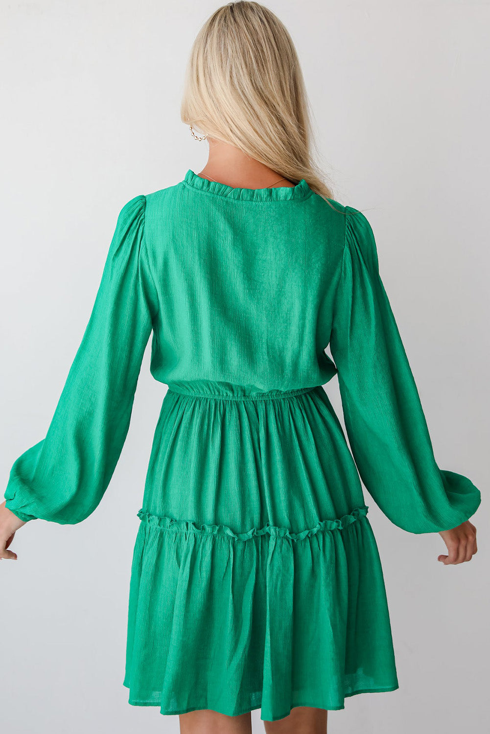 Straight ruffled mini dress with v-neck, puff sleeves, drawstring, sea green