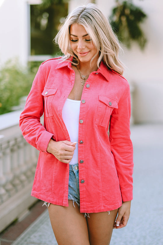 Pink Corduroy Buttoned Jacket with Flap Pocket