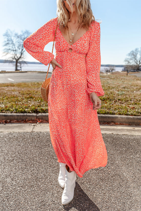 Red floral dress with long puff sleeves and v-neck