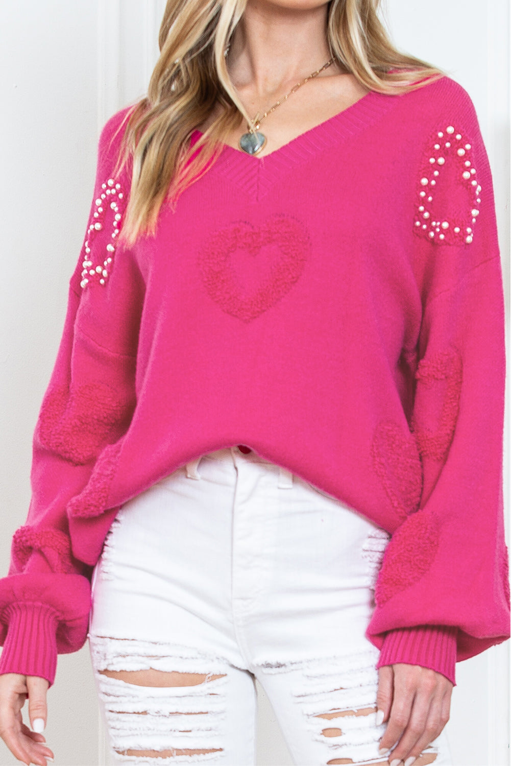 Rose Red Pearl abbellito Fuzzy Hearts v Neck Miciter