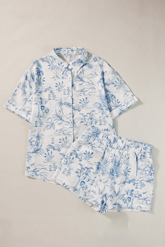 Shirt with short sleeve shirt and blue flower shorts