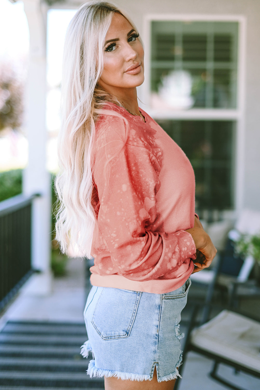 Pink Bleached Round Neck Pullover Sweatshirt