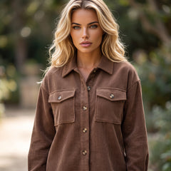 Veste marron boutonnée en velours côtelé à poches à rabat