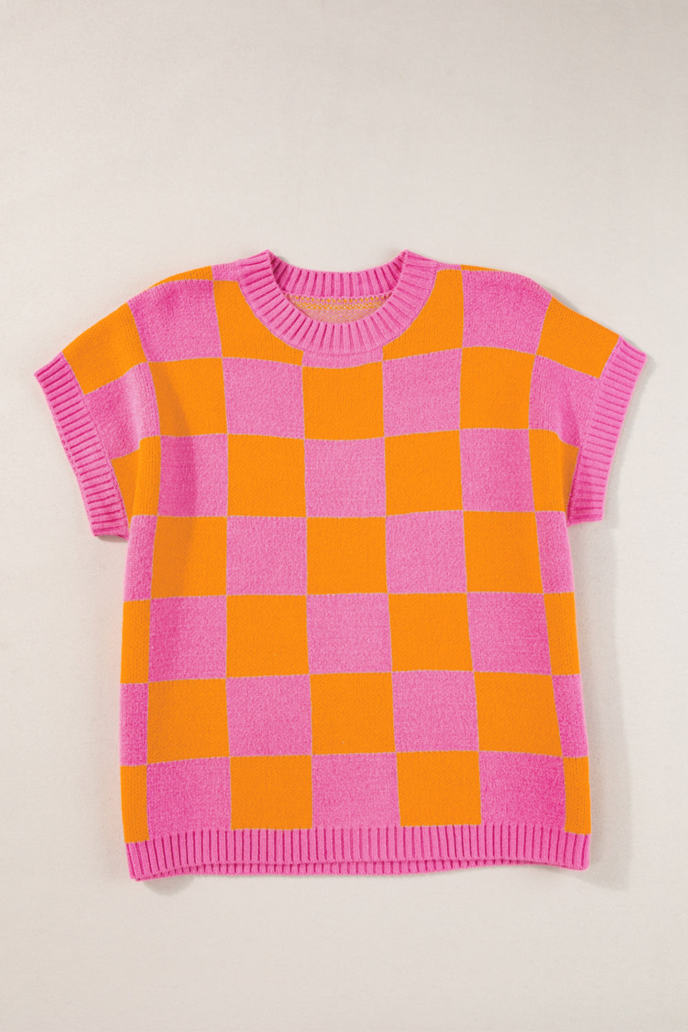 Erdbeer -Pink -Farbblöcke Plaid Muster Rippes Trimmpullover Tanktop