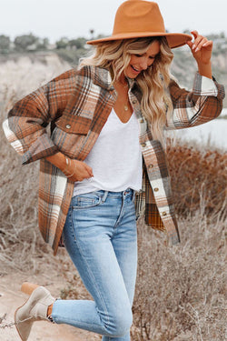 Brown plaid jacket with flap pockets