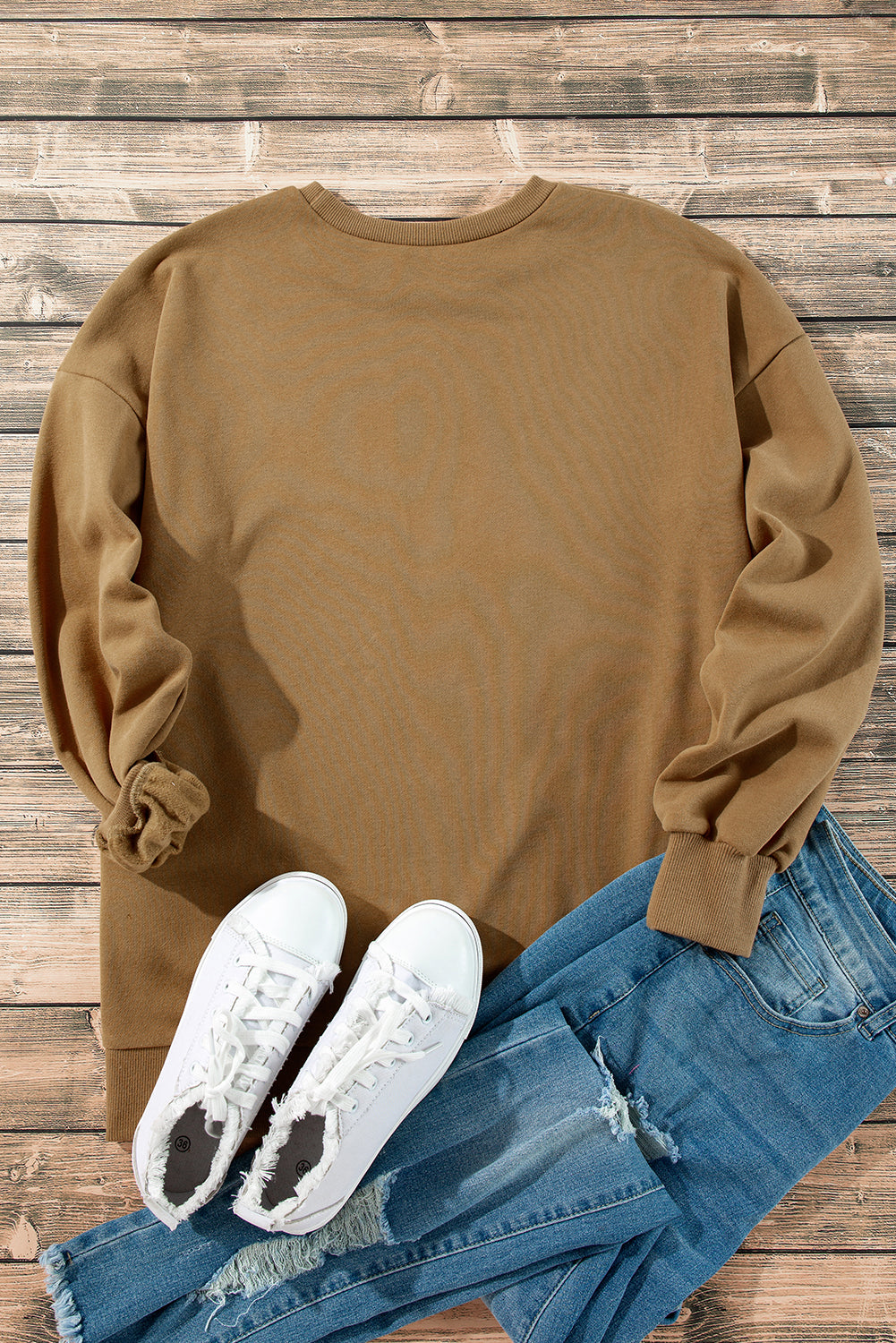 Solid camel fleece lined sweatshirt with dropped shoulders, top and bottom