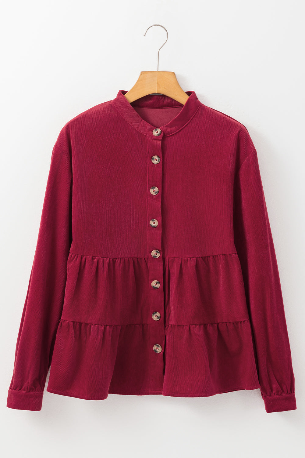 Burgund Cord Ruffle Stufe Buttoned O Halshemd