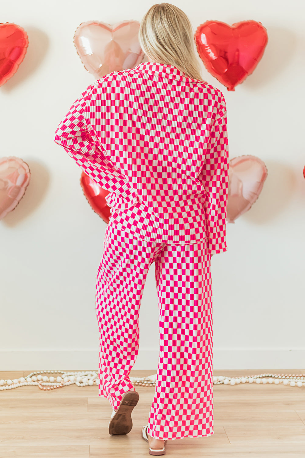 Ensemble pyjama chemise boutonnée à carreaux rose et pantalon taille haute-A WOMAN WE LOVE