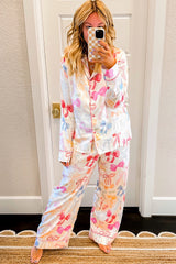 Ensemble de pyjama en satin à jambes larges et col à revers imprimé nœud papillon blanc-A WOMAN WE LOVE