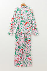 Ensemble pyjama rose à manches longues en satin à imprimé plantes et baies de Noël-A WOMAN WE LOVE