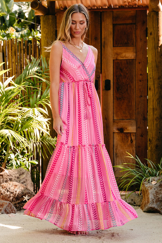 Long Pampilles Western Pink Western dress with V -neck Western