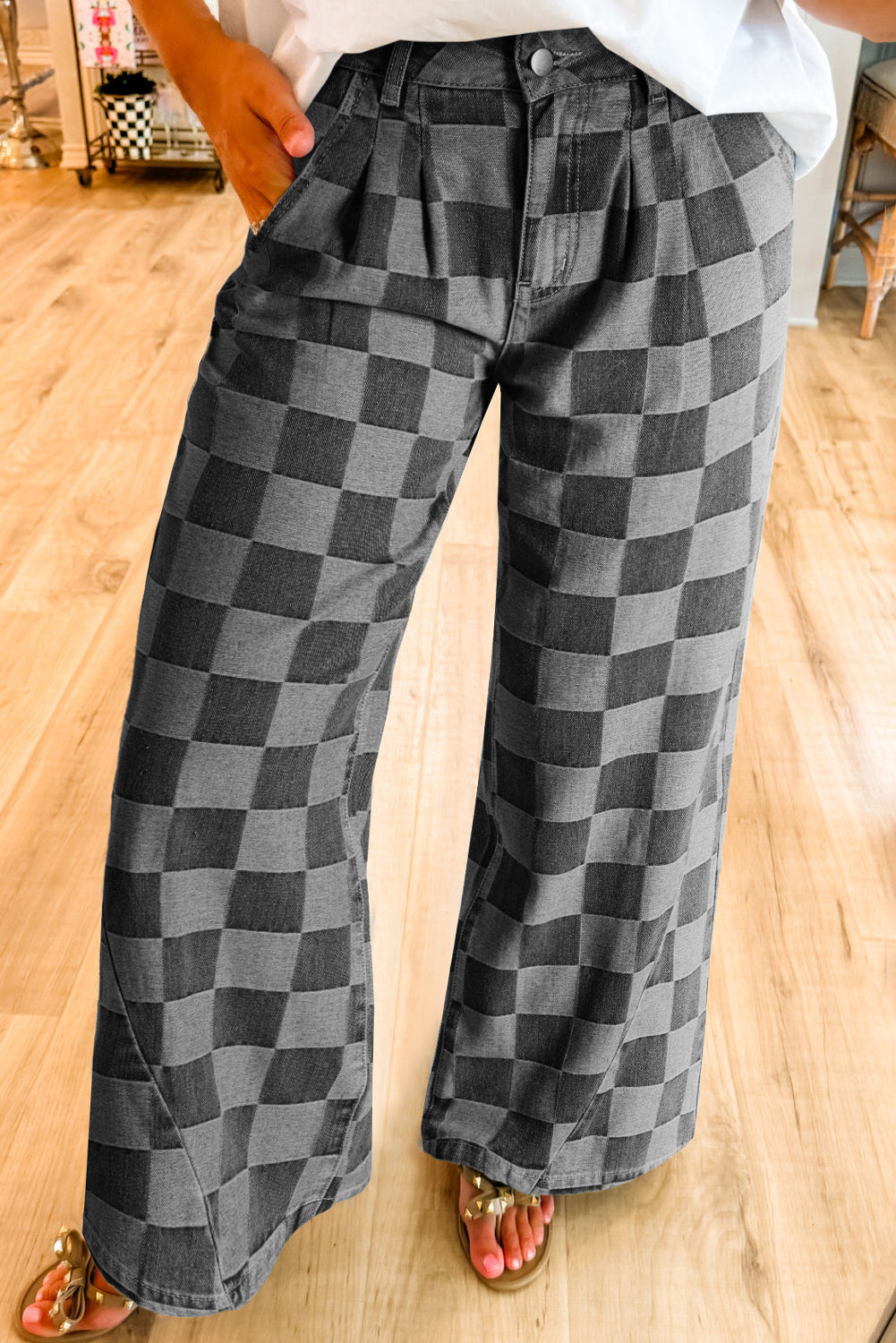 Dark Grey Plaid Denim Wide Leg Jeans