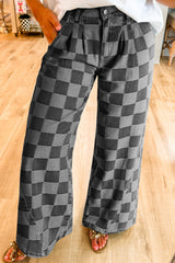 Dark Grey Plaid Denim Wide Leg Jeans