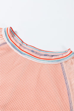 Grapefruit Orange Waffle Knit Raglan Top with Wide Sleeves and Patchwork