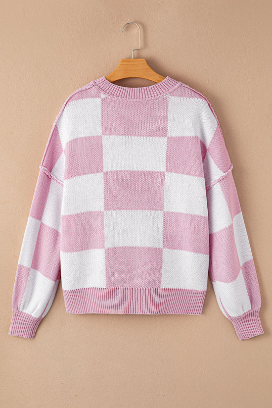 Pink plaid sweater with bishop sleeves