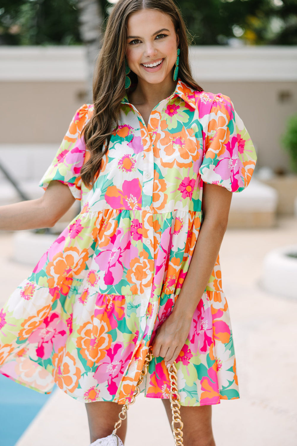 Pink Floral Puff Sleeve Buttoned Babydoll Dress