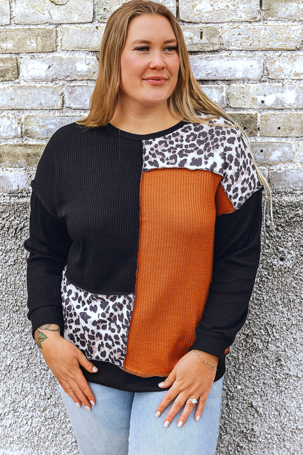 Black Orange Orange Coloterblock Leopard Patchwork Waffle Knit Plus Size Top