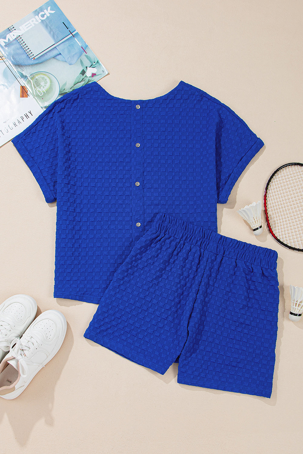 Ensemble t-shirt et short boutonné texturé en jacquard bleu ciel-A WOMAN WE LOVE
