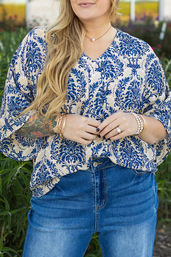 Plus Size Ethnic Print Loose Blouse with 3/4 Sleeves and V-Neck in Blue