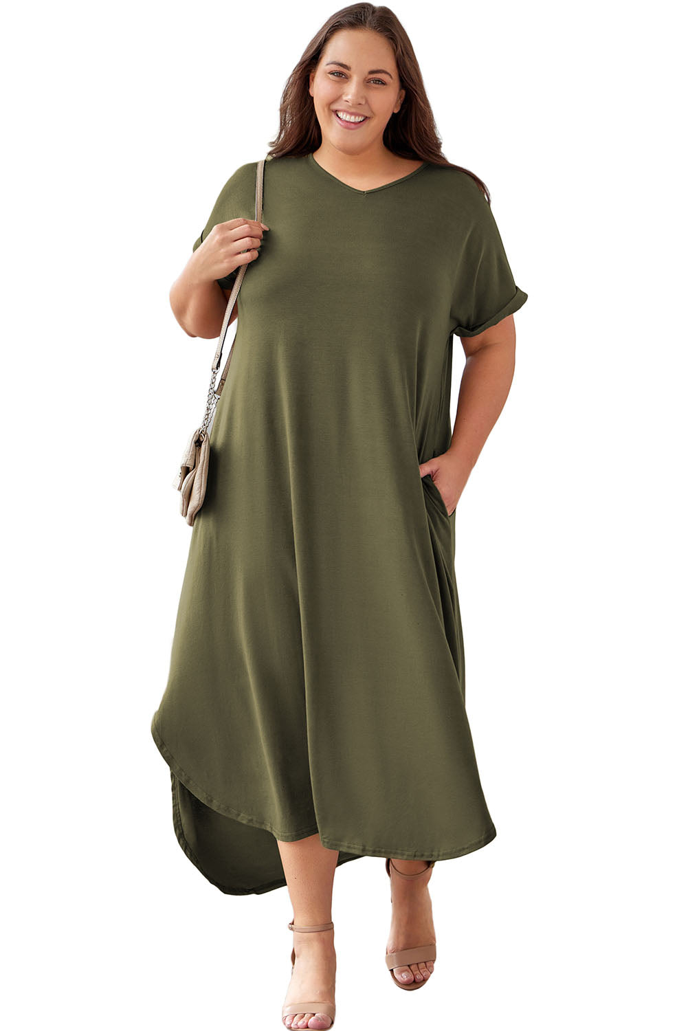 Vestido maxi en los puños enrollados de cuello de talla grande en verde