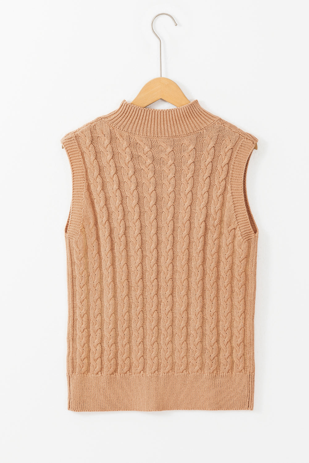 Light French Beige Solid Color Cable Knit High Neck Tank Top