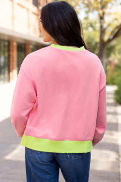 Pink bubble sleeve color block sweatshirt