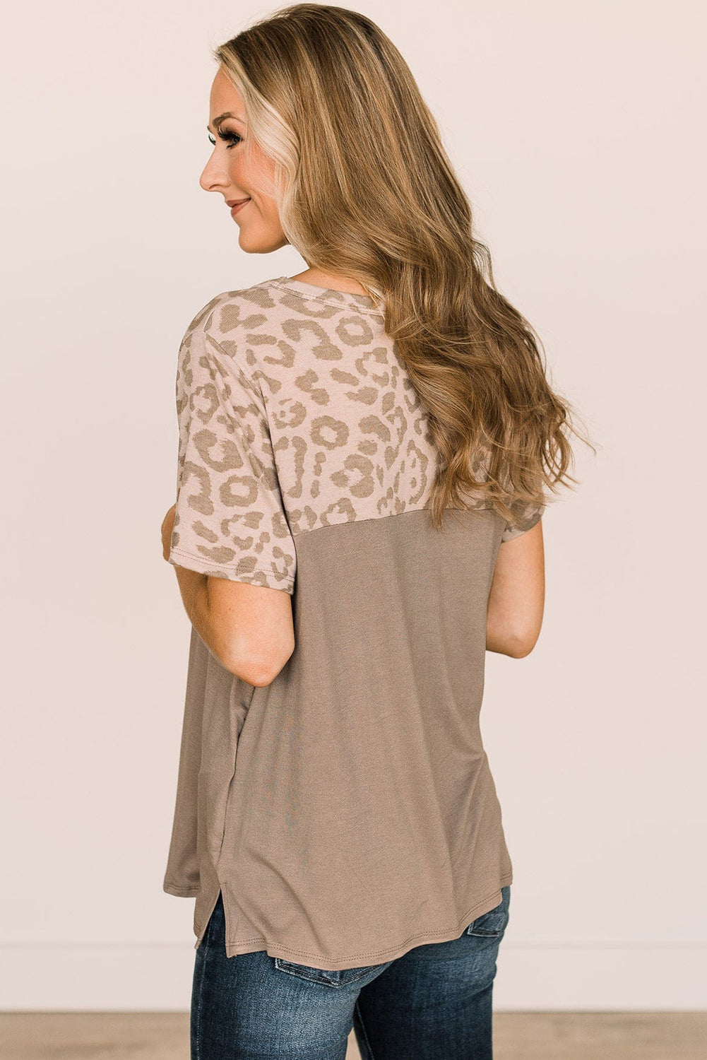 Khaki Leopard Joch Farbblock T -Shirt